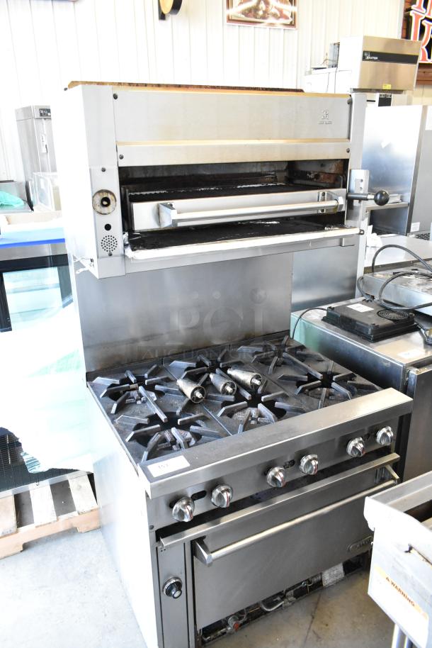 Jade Range J9R-6-36 stainless steel commercial 6 burner range with oven, salamander cheese melter, and backsplash.