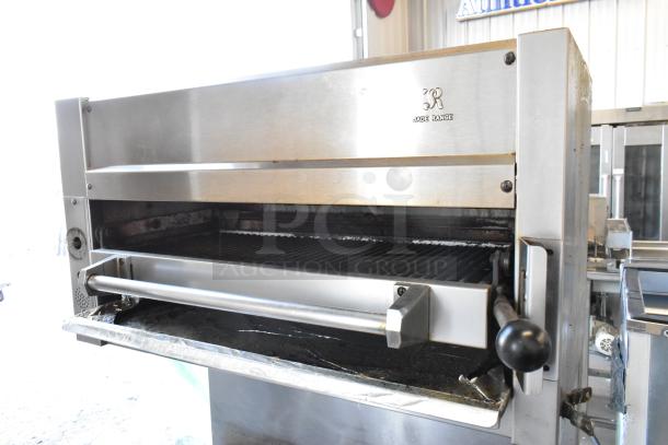 Jade Range J9R-6-36 stainless steel salamander cheese melter with visible brand logo, part of a commercial gas range.