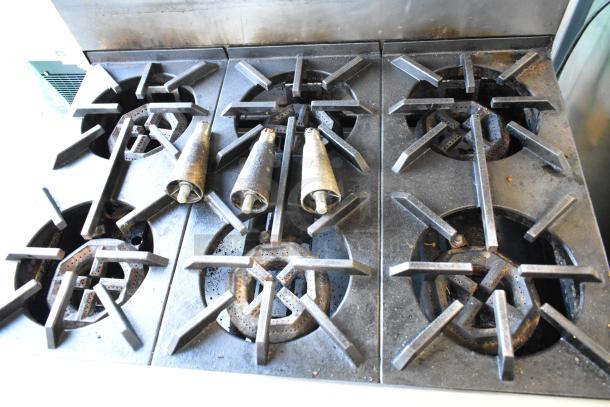 Jade Range J9R-6-36 commercial stainless steel 6-burner natural gas range with oven, salamander cheese melter, and backsplash.