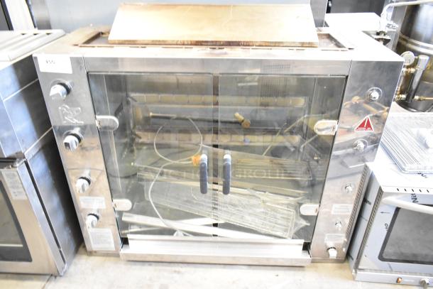 Rotisol 1160.4 Metal Commercial Natural Gas Rotisserie Oven, stainless steel, glass doors, visible controls, and wiring.