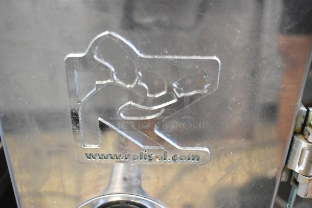 Rotisol 1160.4 metal commercial natural gas-powered rotisserie oven, features logo and website on front panel.