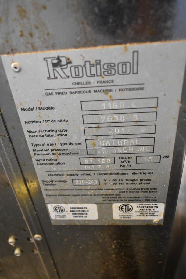 Rotisol 1160.4 metal commercial natural gas rotisserie oven label, model and specs visible, used condition.