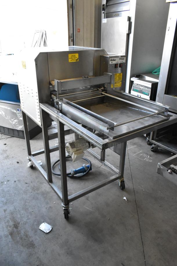 Belshaw TG50 stainless steel commercial thermoglazing station on casters, 208V, 1 phase, labels visible, used condition.