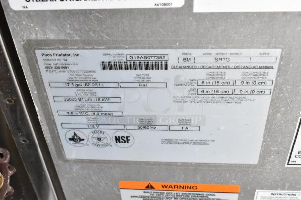 2019 Pitco Frialator SRTG commercial rethermalizer label showing 55,000 BTU, natural gas, stainless steel.