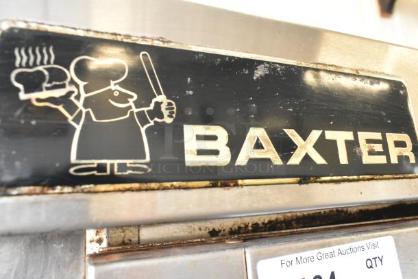 Baxter stainless steel commercial oven logo with chef illustration on metal panel, highlighting brand and model.