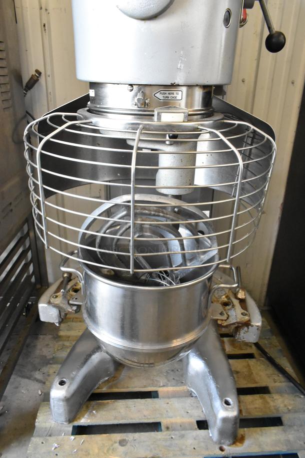 Hobart M802 80-quart commercial dough mixer with metal bowl, whisk, and paddle. 200V, 3-phase, floor model.