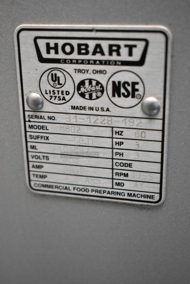 Hobart M802 commercial 80 qt planetary mixer, includes metal bowl, whisk, paddle attachments. 200V, 3-phase, made in USA.