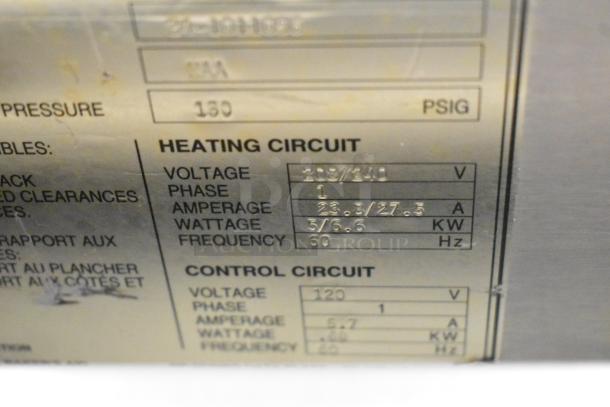 Baxter RP100 Stainless Steel Roll-In Rack Proofer label; shows specs: 208/240V, 1 Phase, 23.3/27.5 Amp, 5/6.6 KW, 60Hz.