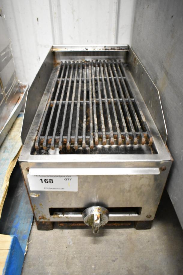 Stainless steel commercial charbroiler grill RLRM-23-12, natural gas powered, used condition, visible rust and wear.