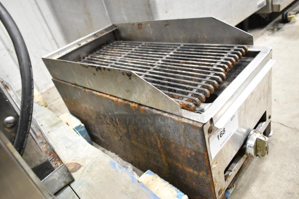 RLRM-23-12 stainless steel commercial charbroiler grill, natural gas powered, showing signs of wear, model tag visible.