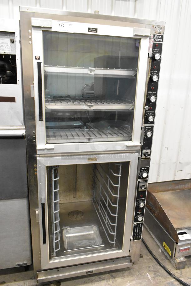 Super Systems OP-3 stainless steel oven proofer in used condition, on commercial casters, with control panel and glass doors.