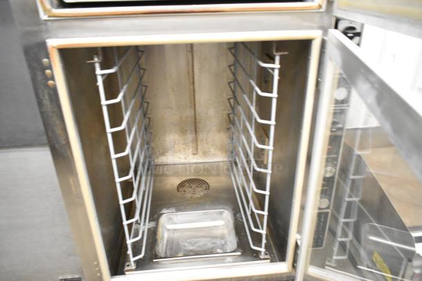 Super Systems OP-3 stainless steel electric oven proofer, commercial floor style, on casters. 120/208V, 3 phase. Interior racks visible.