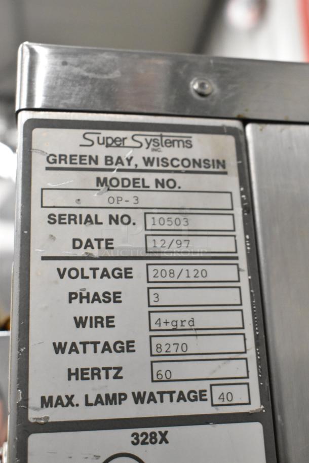 Super Systems OP-3 stainless steel electric oven proofer tag; 120/208V, 3 phase, serial 10503, made 12/97, on casters.