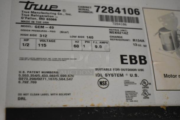 Label of True GEM-49 commercial cooler, showing model, voltage 115V, 1 phase, and serial number 7284106. Suitable for outdoor use.