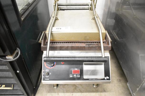Star Pro-Max CG14IT stainless steel commercial panini press, countertop model, 120V, 1 Phase. Features timer controls.