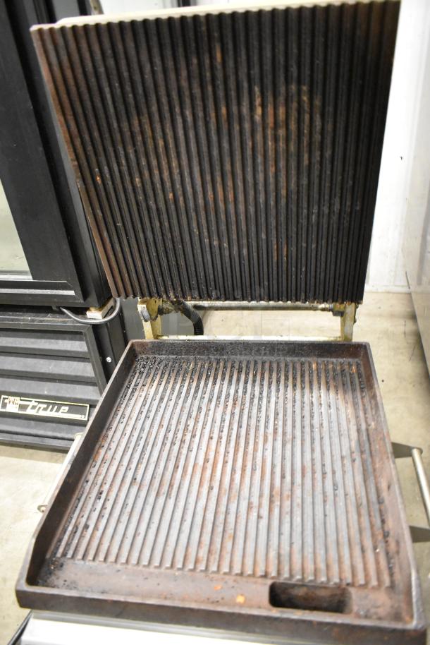 Star Pro-Max CG14IT countertop panini press, stainless steel, 120V, 1 phase, ribbed plates, some surface wear visible.