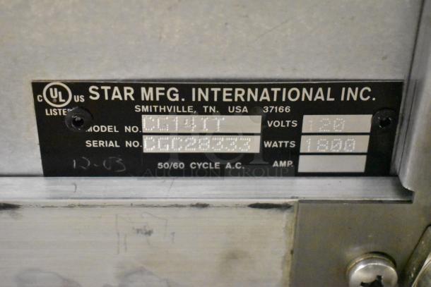 Star Pro-Max CG14IT stainless steel panini press label, showing model, voltage, and wattage specifications.
