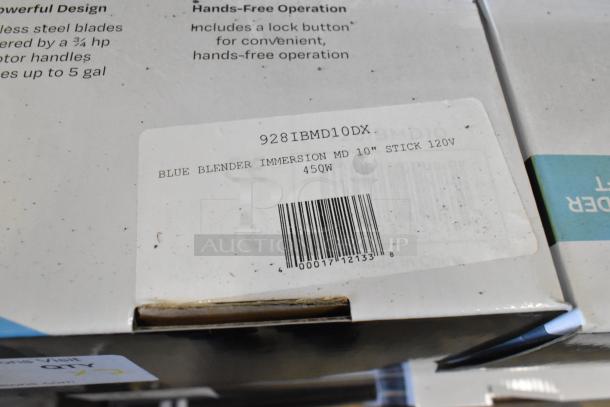 Box of AvaMix 928IBMD10 immersion blender, 10" medium-duty, 3/4 hp, 120V. New condition with scratch and dent. Label visible.