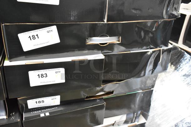 Black boxes containing AvaMix 928IBMD10 immersion blenders with visible scratch and dent wear, auction labels showing quantities.
