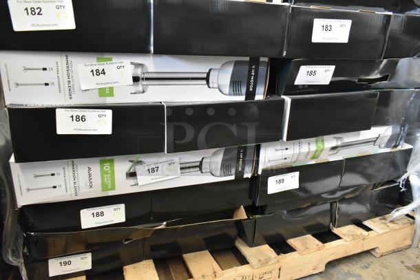 Boxes of AvaMix 928IBMD10 10" immersion blenders, new scratch and dent condition, with labels showing quantities for auction.