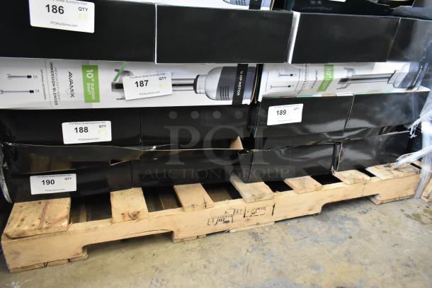 Four new AvaMix 928IBMD10 immersion blenders on a pallet, medium-duty, 3/4 hp, 10" shaft, minor scratches, multiple boxes.
