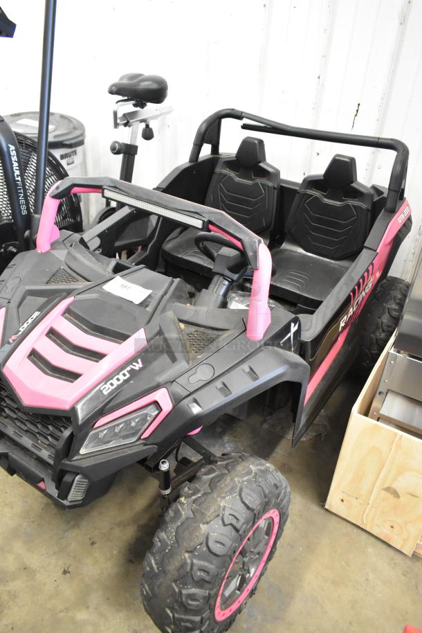 2022 Pinghu 2000W electric children's car, black and pink with rugged tires, dual seats, and sporty design.
