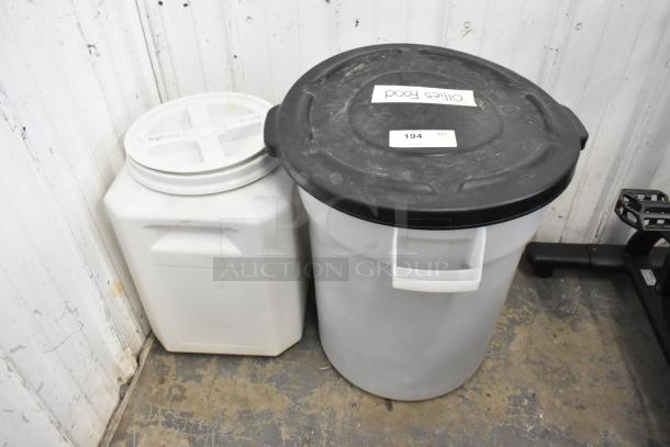 Two poly bins, one white with a cross-sealed lid and one gray with a black lid labeled "Ollie's Food," shown.