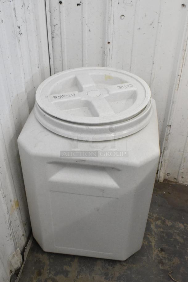 White poly bin with lid, square shape, durable material, labeled "Oil" and "ALCO16," set of 2 included for auction.