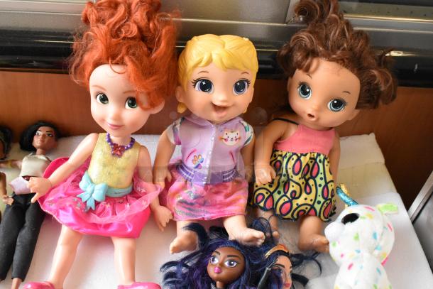 Lot of various dolls including Barbies, three toddler dolls with unique hairstyles, colorful outfits, and a small stuffed animal.
