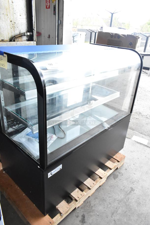 Brand new Avantco 193BCD48B 48" curved glass black bakery display case, scratch and dent, 115V, single phase.