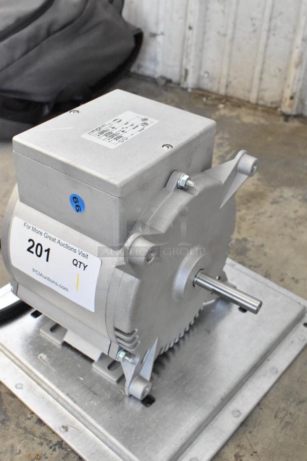 Nidec motor, 115-120 volts, 1 phase, label indicating item 201, mounted on metal base, in good condition.
