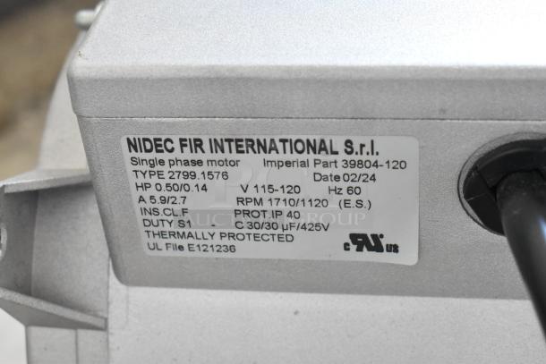 Nidec single-phase motor, Type 2799.1576, 115-120V, 60Hz, 0.50 HP, thermal protection, label visible.