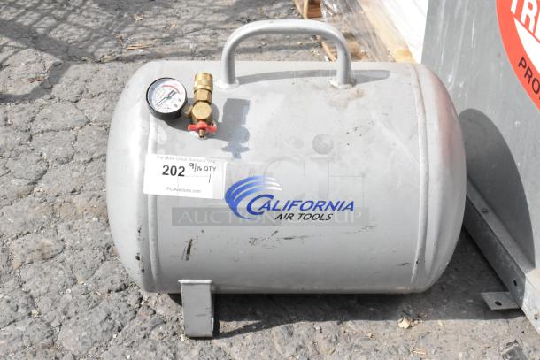 California Air Tools tank, gray, features include pressure gauge and valve, fair condition with visible wear, labeled with auction tag 202.