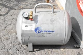 California Air Tools tank, gray, features include pressure gauge and valve, fair condition with visible wear, labeled with auction tag 202.