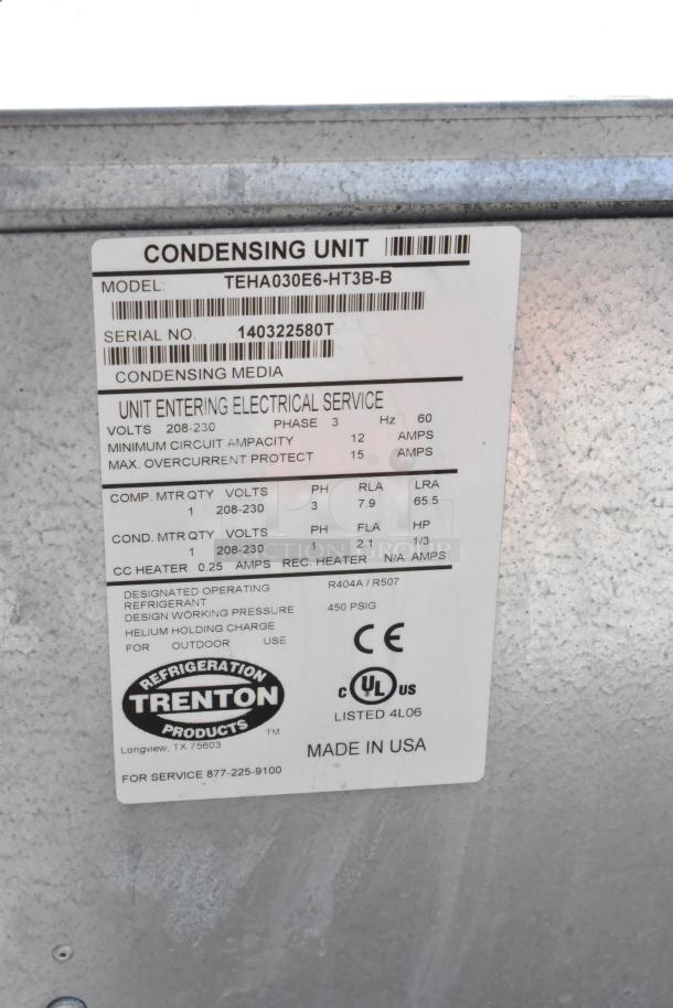 Trenton TEHA030E6-HT3B-B metal compressor, 208-230V, 3-phase. Label shows electrical specs and certification marks. Made in USA.