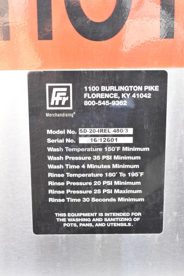 Douglas SD-20-IREL Stainless Steel Commercial Pot and Pan Washer, 480V, 3 Phase. Model number and specs plate visible.