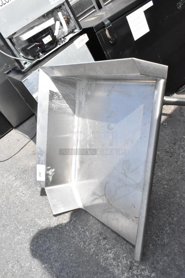 Stainless steel right side clean side dishwasher table, used condition with visible scuffs and label marked "208".