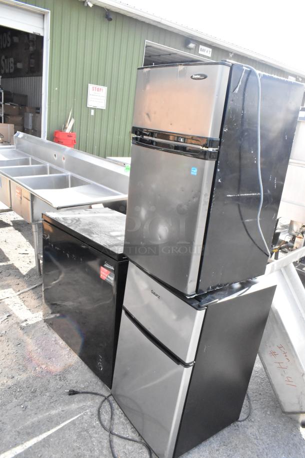 Frigidaire chest freezer, Danby DCR031B1BSLDD cooler, Galanz GLR31TS1E02 mini cooler, 115 volts, used condition.