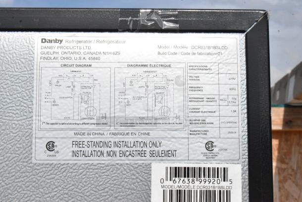 Danby DCR031B1BSLDD Mini Cooler label showing circuit diagram and specifications, including 115V, 60Hz, R600a refrigerant.