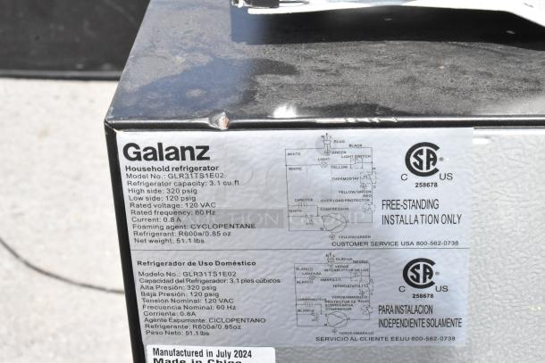 Galanz GLR31TS1E02 mini cooler label showing specs: 3.1 cu.ft capacity, 120 VAC, 60 Hz, and refrigerant R600a.