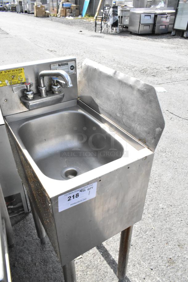 Stainless steel single bay sink with side splash guard, Krowne brand, NSF certified, good condition, visible auction tag #218.