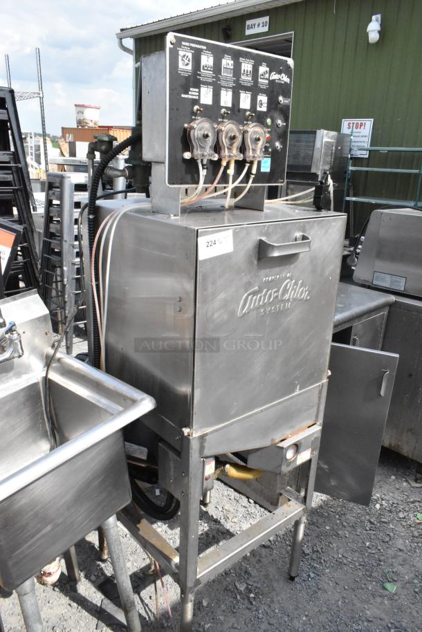 Auto-Chlor AC stainless steel commercial front load dishwasher, 115 volts, 1 phase, used condition. Model AC visible.