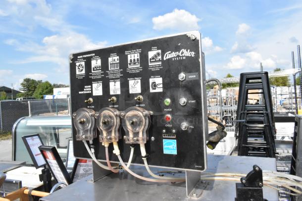 Auto-Chlor AC stainless steel commercial front load dishwasher, 115V, 1 phase, control panel with cycle buttons and instructions.