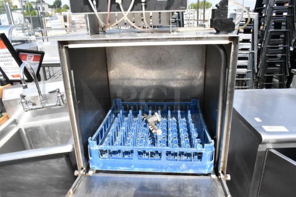 Auto-Chlor AC Stainless Steel Commercial Dishwasher. Front load, 115 Volts, 1 Phase. Blue dish rack included.