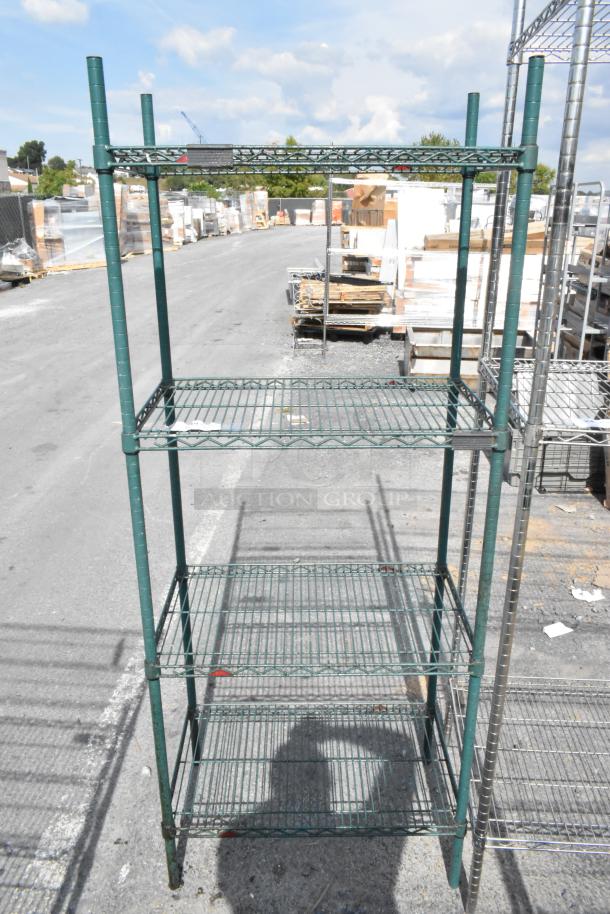 Green 4-tier wire shelving unit, durable metal, good condition, must dismantle for shipping. Consider freight charges.