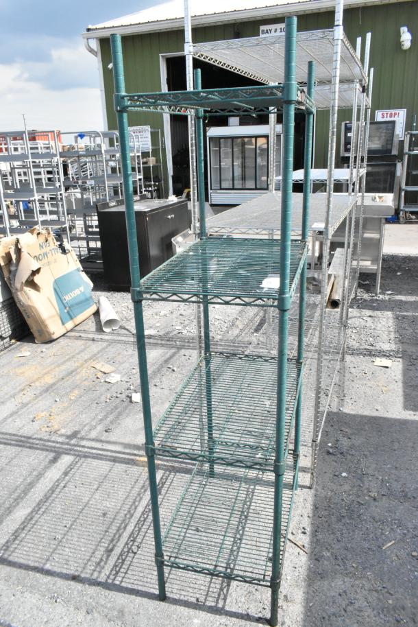 Green finish 4-tier wire shelving unit, outdoor setting, requires buyer dismantling, freight charges apply.