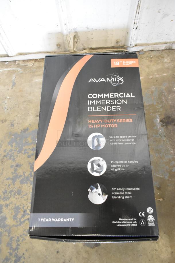 3 new AvaMix 928IBHD18 heavy-duty variable speed immersion blenders, 18" shaft, 1 1/4 hp, 120V, 1 phase, in box.