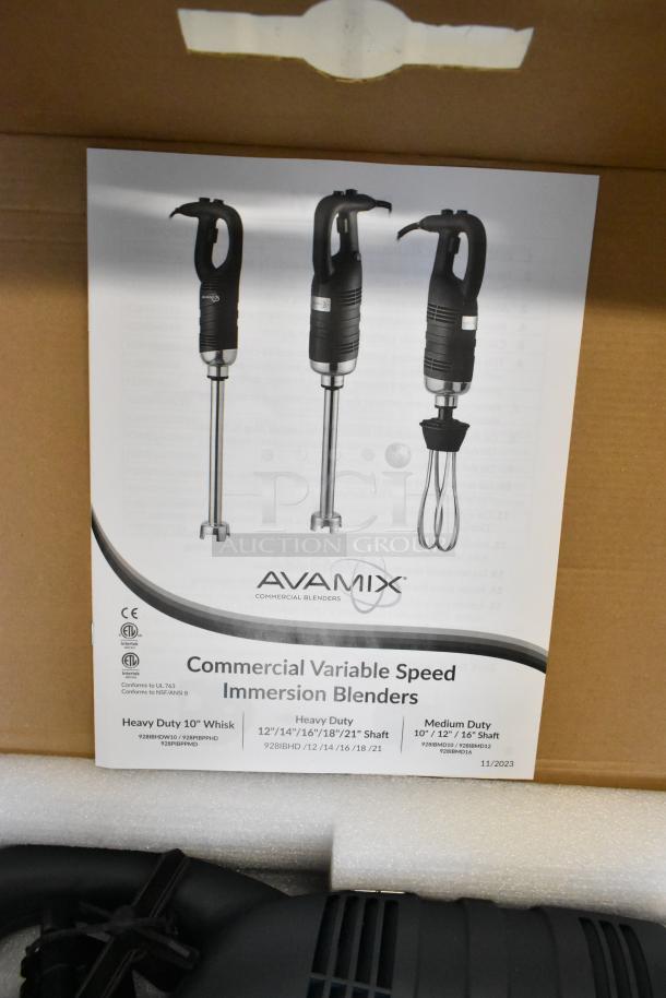 AvaMix 928IBHD18 heavy-duty 18" immersion blender, variable speed, 1 1/4 hp, new condition, 120 volts, 1 phase.