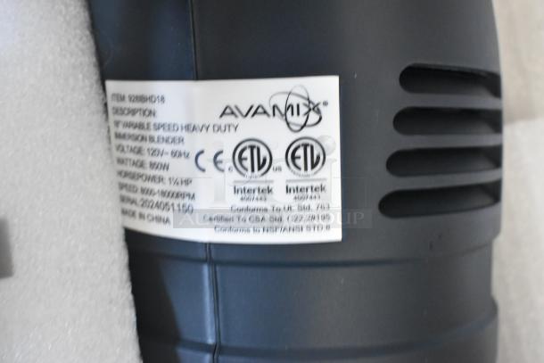 AvaMix 928IBHD18 18" variable speed immersion blender, heavy-duty, 1 1/4 hp, 120V, new with label showing specs.