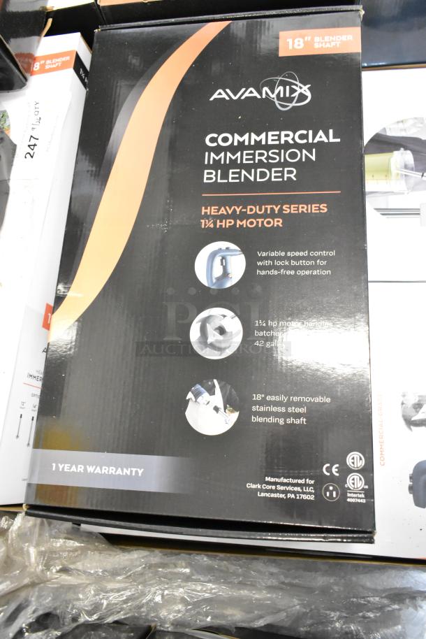 2 brand new AvaMix 928IBHD18 immersion blenders, 18" shaft, 1 1/4 hp motor, variable speed, stainless steel, 120V, scratched box.